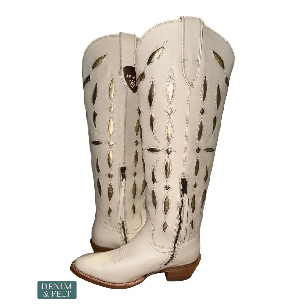 NEW Ariat Saylor StretchFit Western Boot Ivory Cutout Leather Tall Rodeo Cowgirl
